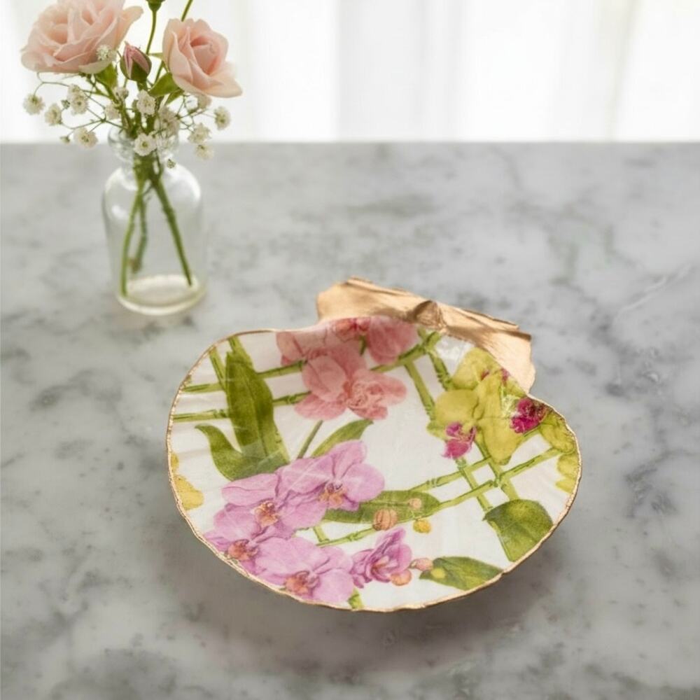 Pink Orchid Bamboo Shell Trinket Dish, Botanical Ring Dish